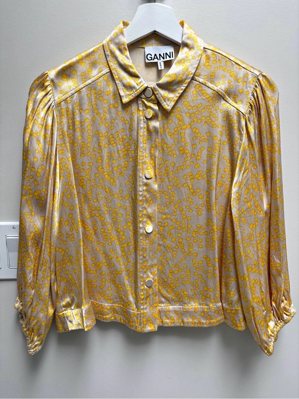 Ganni Yellow and Taupe Satin Button-Up Blouse